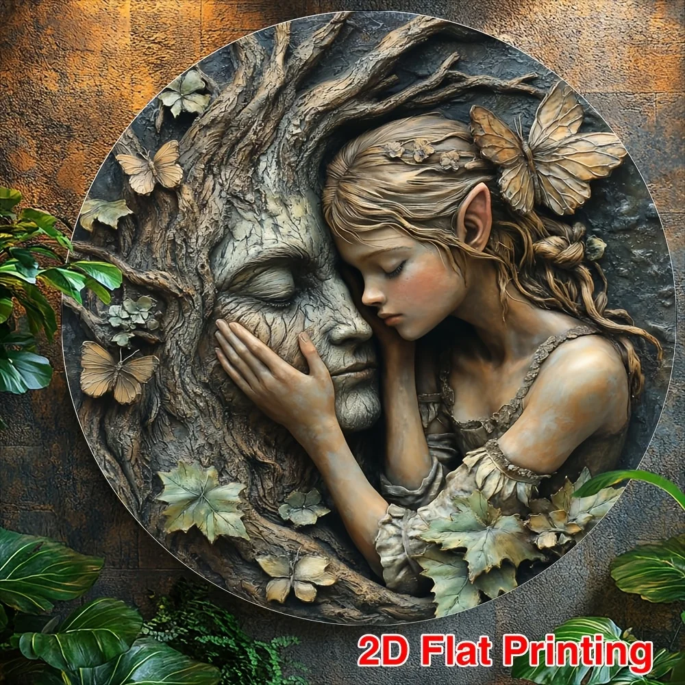 2D Flat, 1pc 2D Flat Fairy & Tree God Metal Tin Sign - Fantasy Mysterious 8x8 Inch Round Iron Wall Art, Durable Indoor/Outdoor H