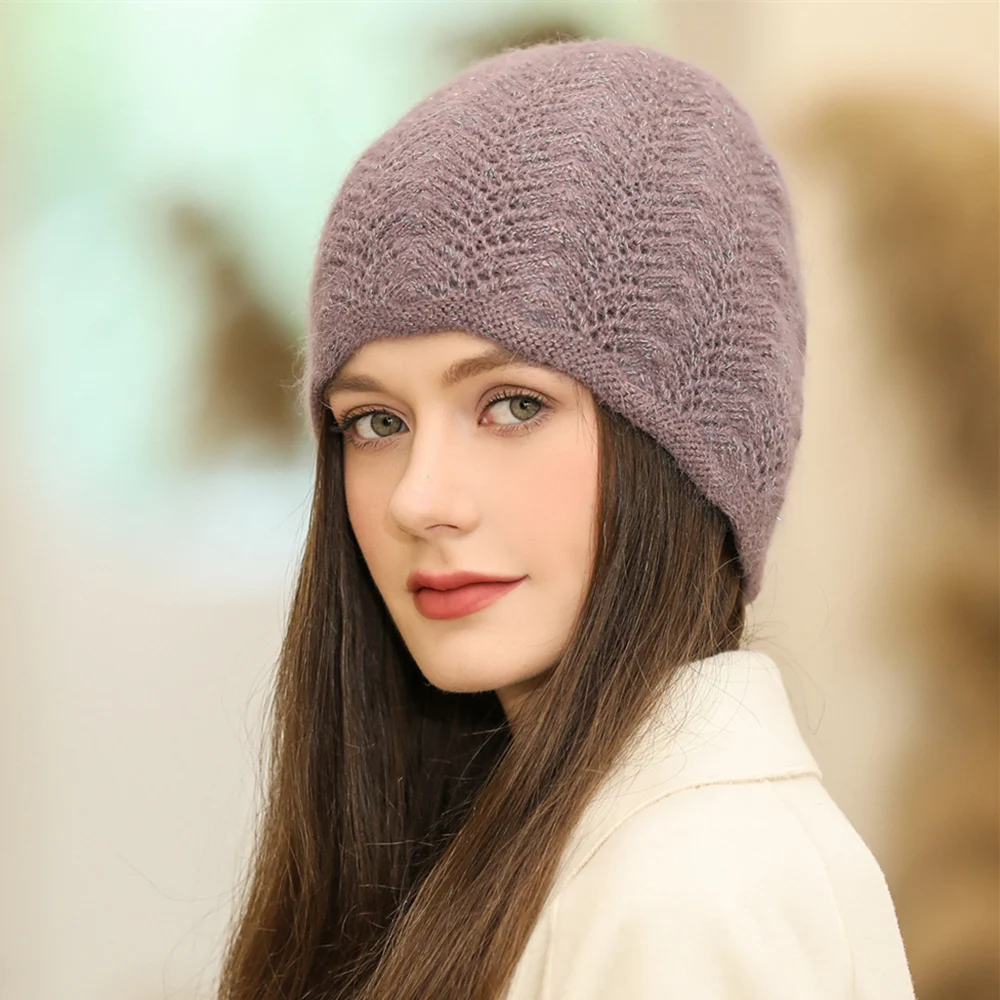 New Women Winter Hat Streetwear Rabbit Fur Blend Warm Cap Fashion Decorate Beanie Hat For Female Casual Knitted Hat