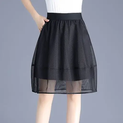 Plus Size Elastic Waist Summer Elegant A-line Skirt Women Mesh Formal Pleated Midi Skirt Large Size Casual Flare Skirt C7