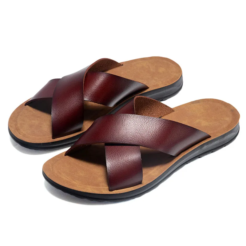 Italian Designer Summer Men PU Leather Slippers Slides Indoor Home House Outdoor Beach Slip on Shoes Flats Male Lightweight