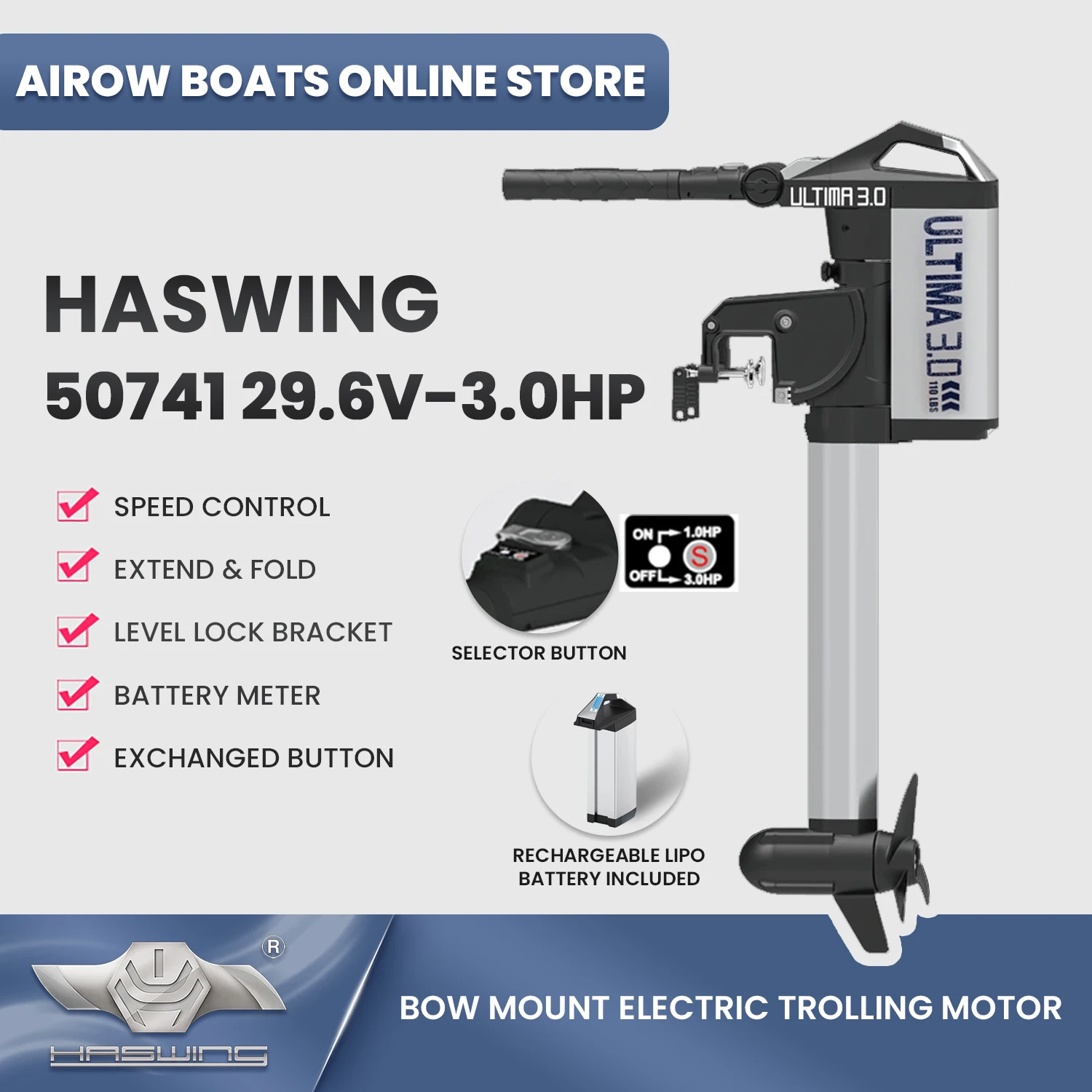 Electric Trolling Motor 29.6V-3HP/Brushless Motor 50741-76_B Haswing Ultima Transom Mount With LIPO Battery