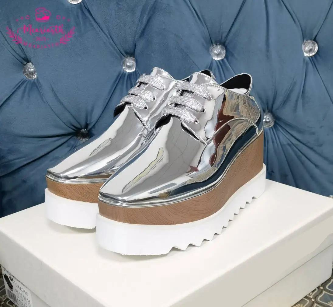 2023 Spring New Women Fashion Star Loafer Shoes Square Toe lace-up Thick Bottom Platform Wedge oxford Shoes Women Causal Shoes