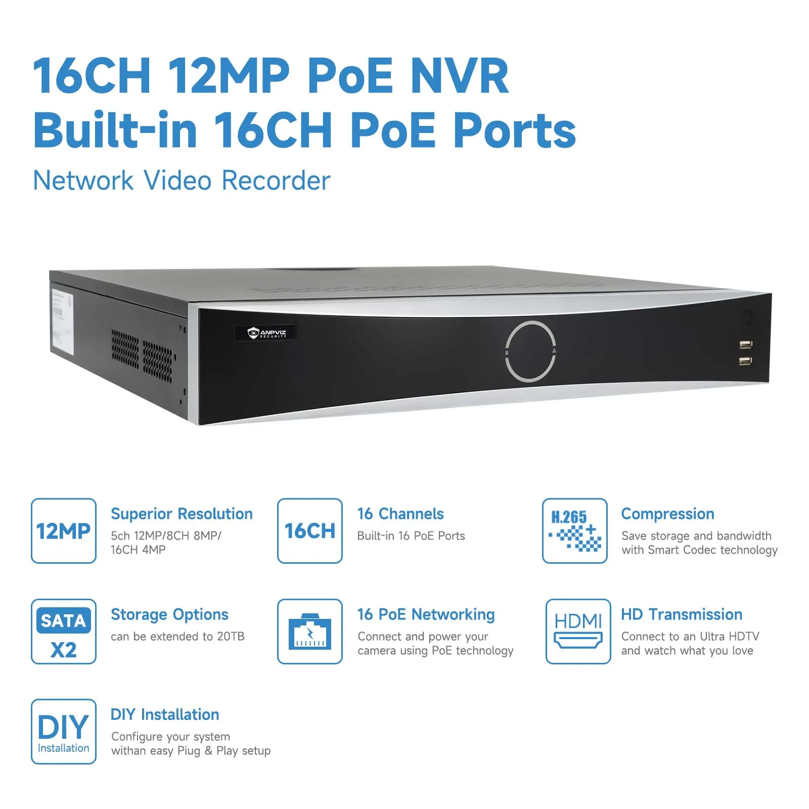 Anpviz 12MP 16CH POE NVR OEM DS-7616NXI-K2/16P Perekam Video Jaringan Kamera IP Sistem CCTV Output Video HD Tampilan P2P