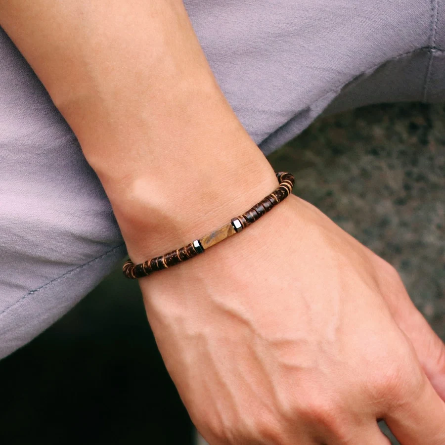 Vintage Wooden Coconut Husk Beads Bracelet Unisex Natural Tiger Eyes Hematite Rectangle Gemstone Braclet Couple Gift Jewelry