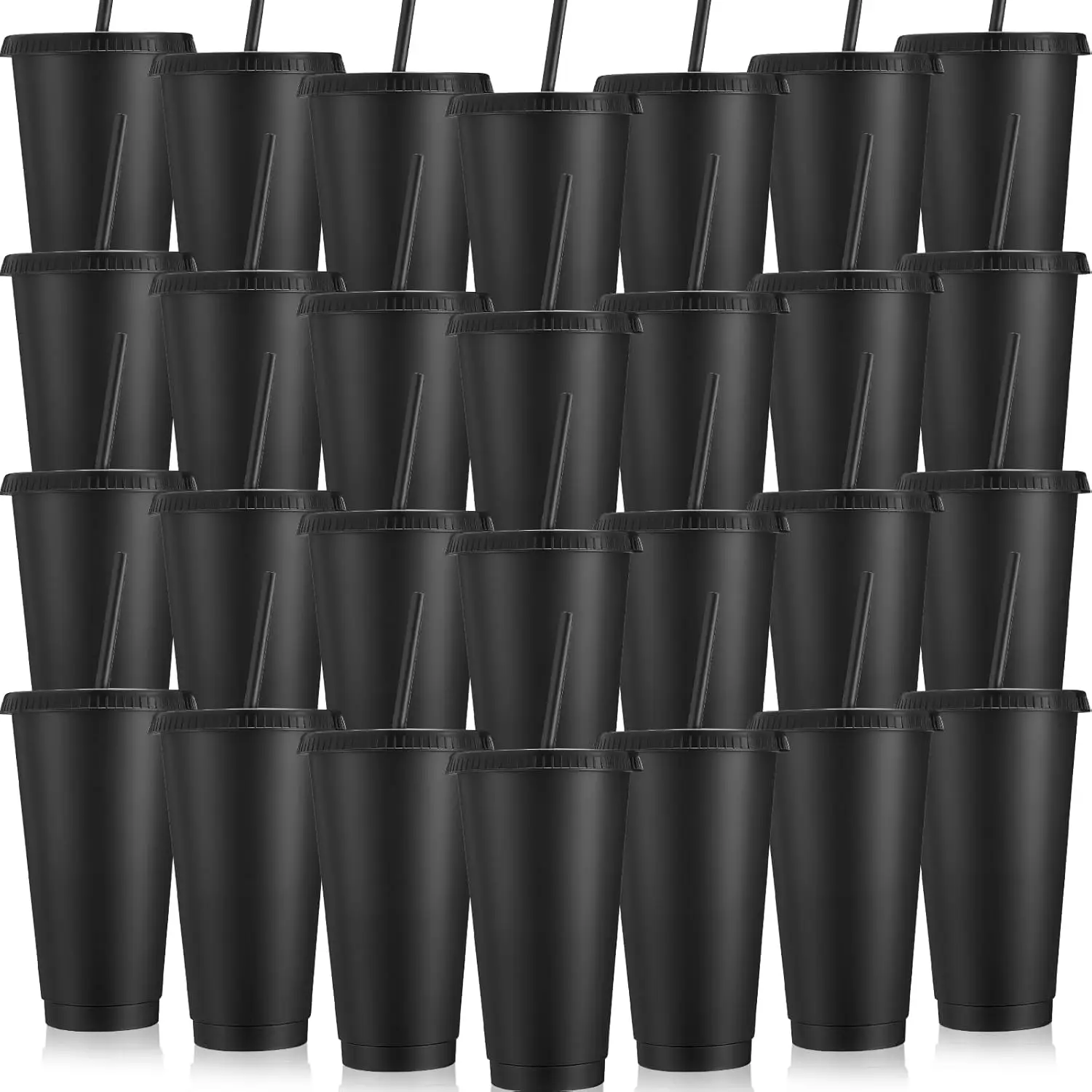 

30-Pack Reusable Plastic Tumblers with Straw and Lid, 24-27 oz Black Cups for Party Gifts, Iced Coffee Travel Mugs