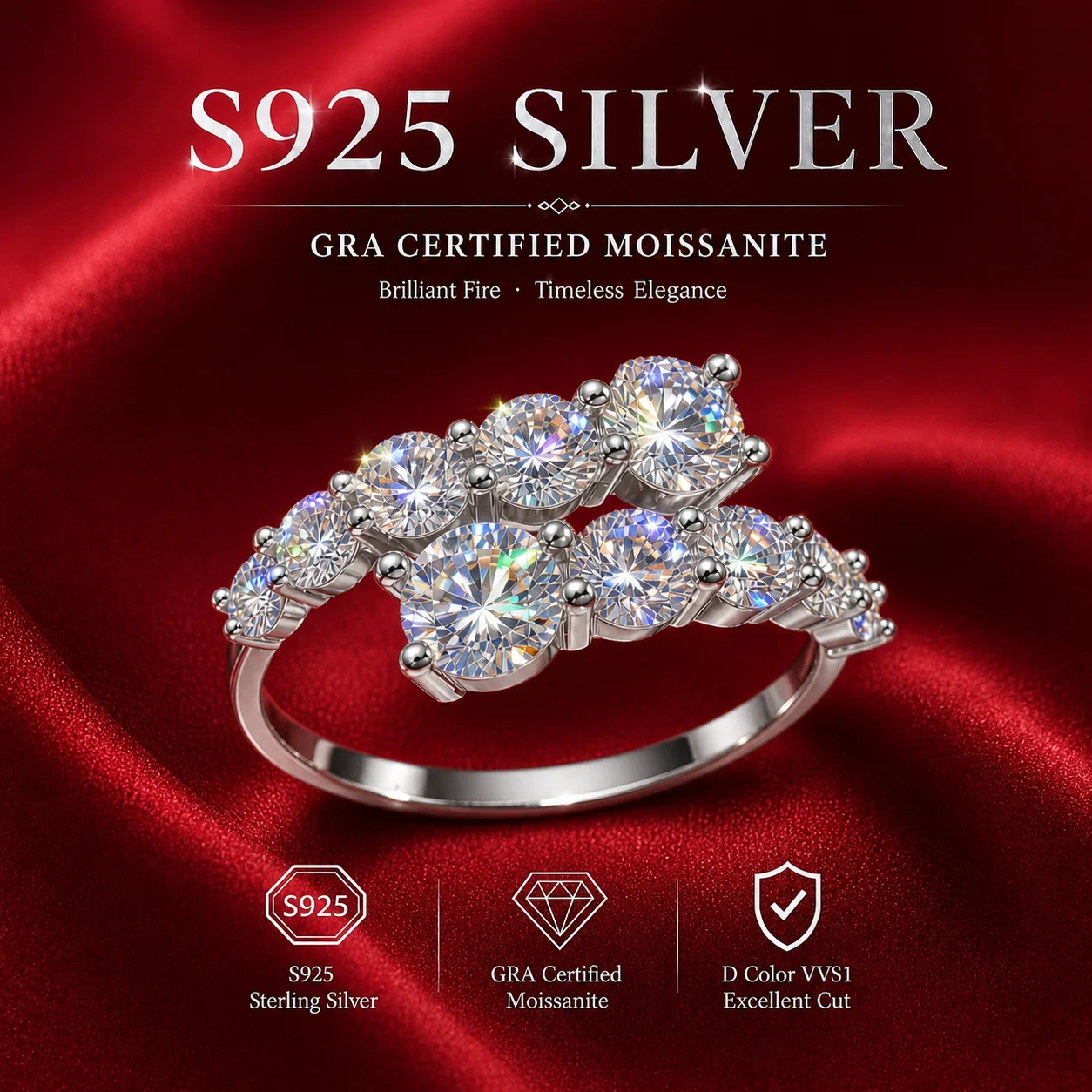 Mit GRA-Zertifikat S925 Sterling Silber 3,0mm Vollmoissanit-Ring D VVS1 3EX Schliff Funkelnder Moissanit-Band Hochzeits- und Partygeschenk – Detail 13