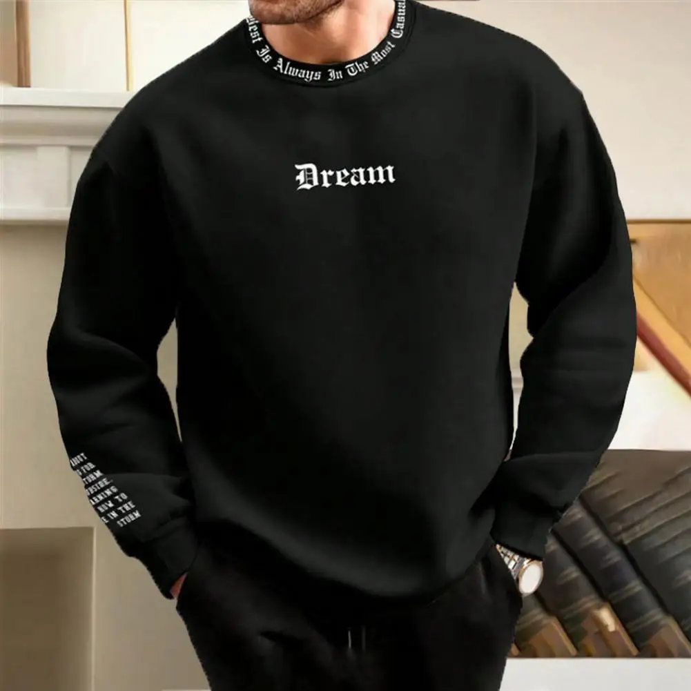 Men Fall Winter Sweatshirt Round Neck Long Sleeve Men Top Letter Print Thick Loose Warm Mid Length Men Casual Top