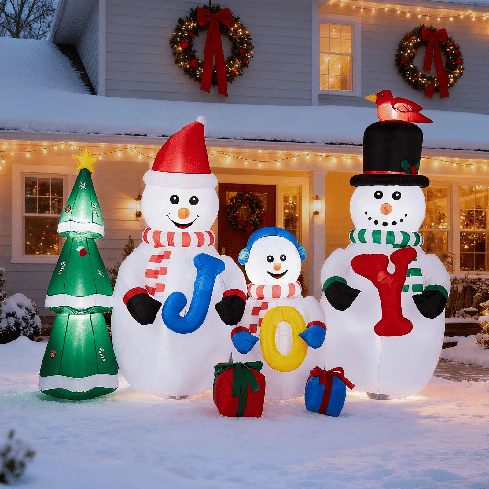 8FT Lighted Christmas Inflatable Decoration, Snowman Family with JOY and Xmas Tree, Funny Blow Up Yard Built-in LED for Holiday