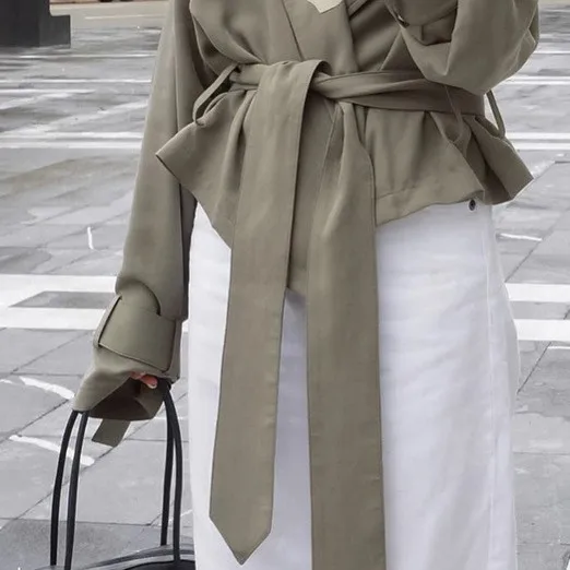 Casual Tie Coat with Notched Lapel Regular Length Commuter Long Sleeve Seamed Construction Waist Defining Women Autumn Coat