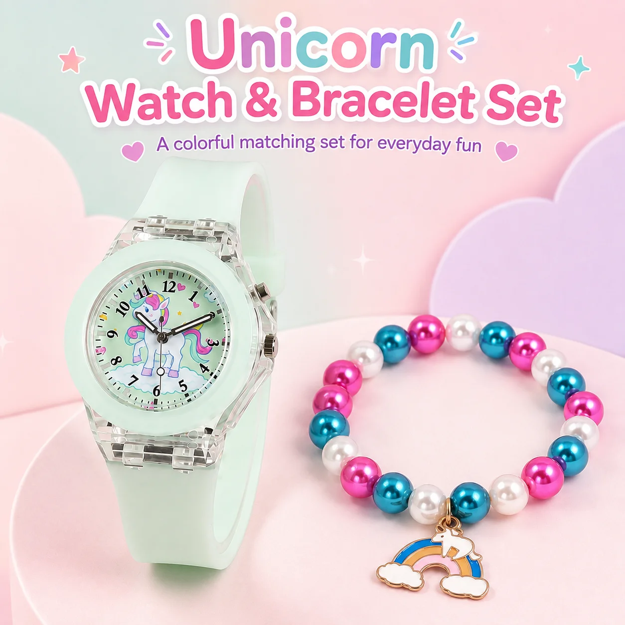 2pcs Kids Unicorn Watch & Charm Bracelet Set, with a colorful rainbow dial