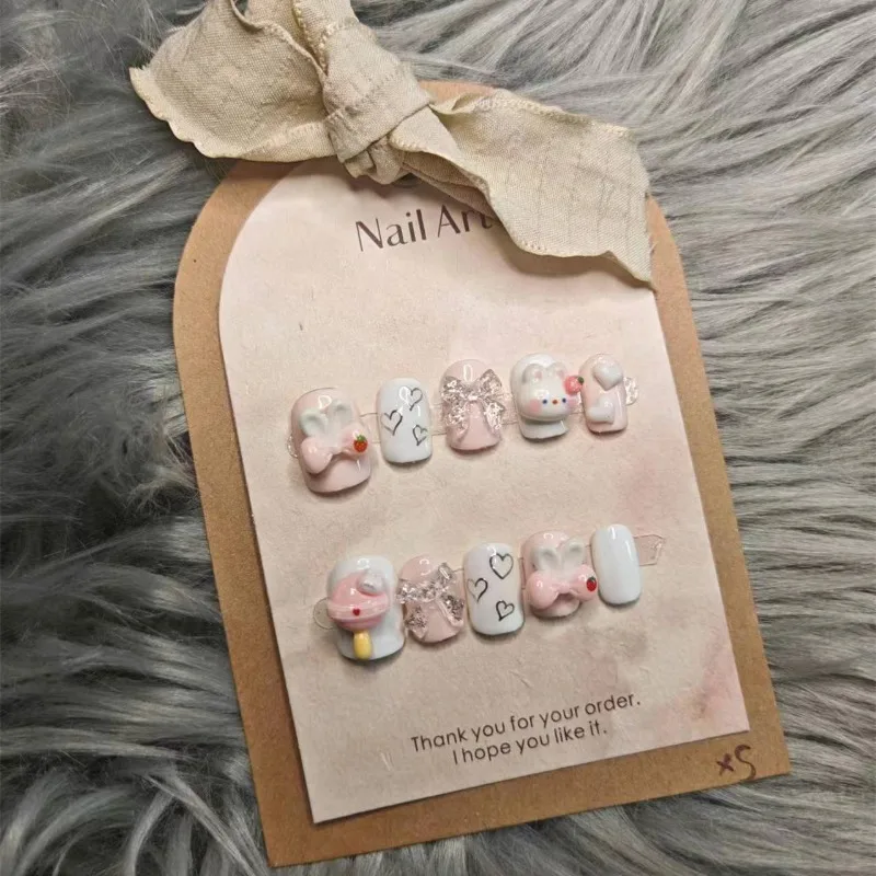 Short Handmade Cute Rabbit Lollipop 3d Press on Acyrlic Nails with Glue Hands Kawaii Girls 10 Pcs Nail Tips with Box and Tools