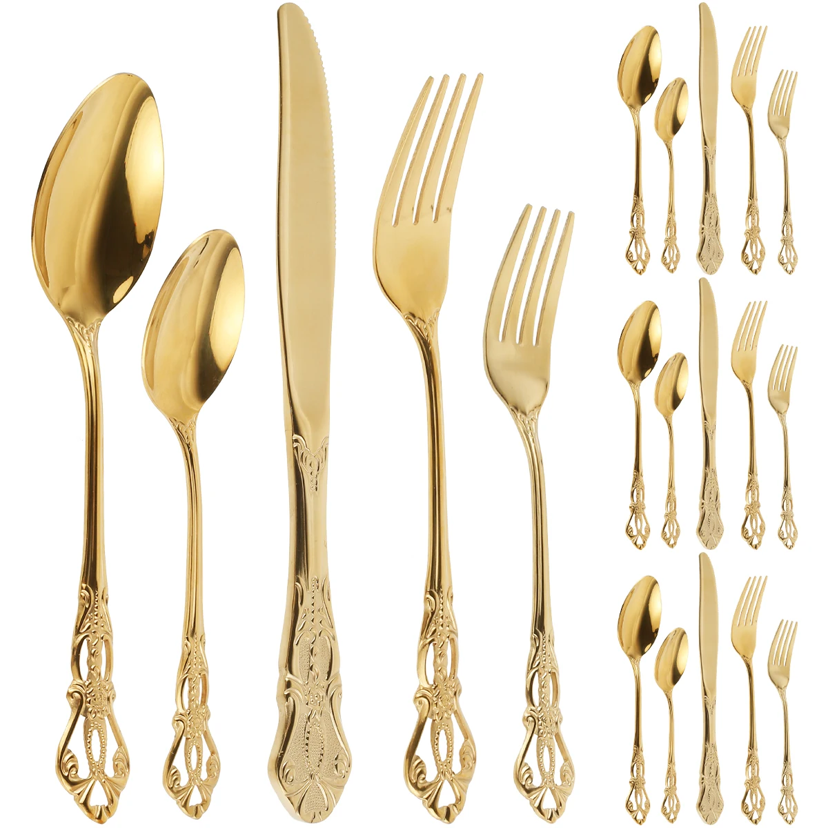 20Pcs Dinnerware Set Gold Cutlery Set Stainless Steel Flatware Cake Fruit Fork Anti-Rust Kitchen Knife Fork Spoon Tableware Set