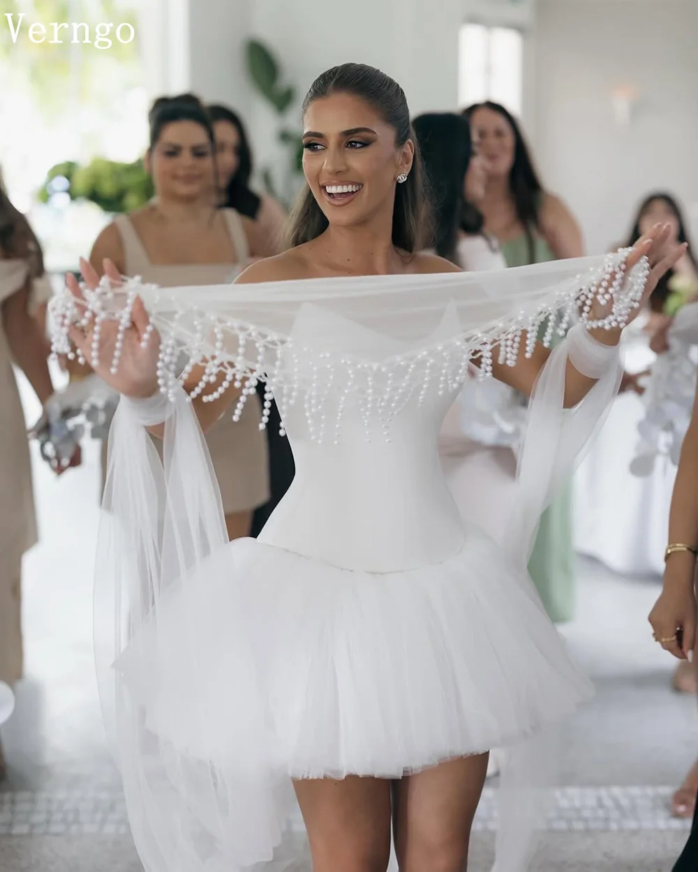 Verngo Mini lvory Satin Wedding Dresses Strapless A Line Bow Pearls Train Bride Gowns Women  Customized vestido de satén de boda