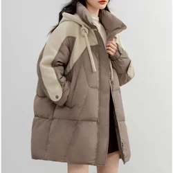 Winter Coat Female Mid-length Down Coats Color Collision Splicing Thick Warm Hooded White Duck Down Casual Loose Warm Coat