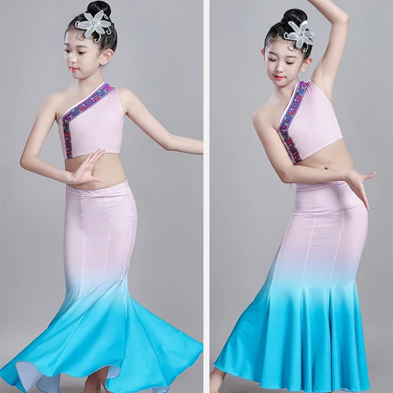 Costume de danse Dai pour enfants, jupe justaucorps queue de poisson + haut, robe de danse nationale traditionnelle de paon, Costume de spectacle sur scène