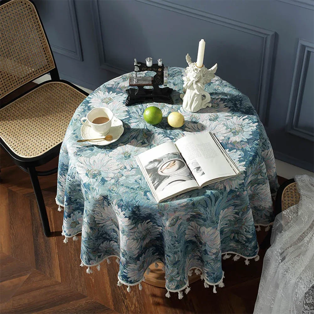 NAPEARL Blue Printed Flower Tassel Dinner  Table Cloth Tea Table Cover Decoration for Study Kitchen Living Room 1PC