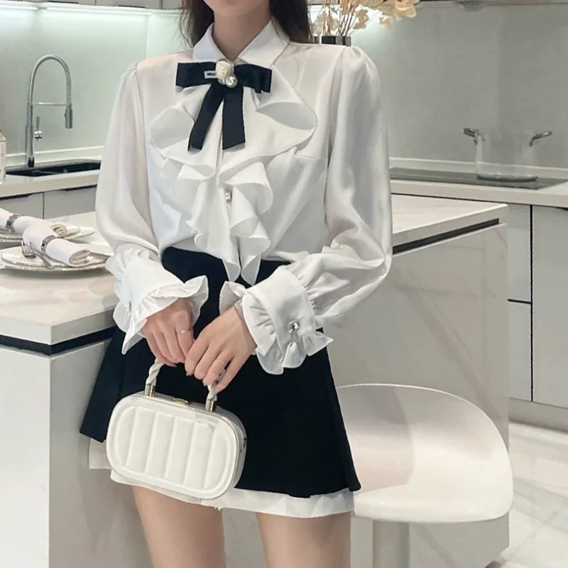 Temperament White Ruffles Patchwork Blouse Spring Long Sleeve Polo Neck Solid Office Shirt Tops Elegant Fashion Women Clothing