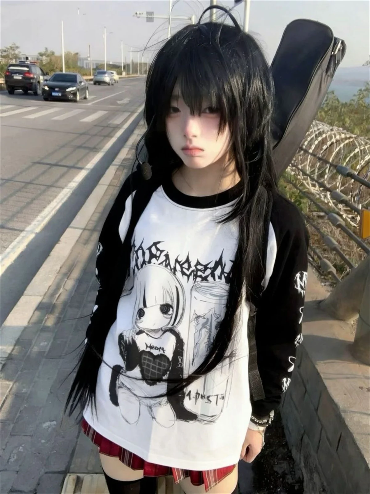Long Sleeve O-Neck Print Loose Top Jirai Kei Subculture Casual Shirt Women Spring Autumn Japanese Yami Kawaii Girly Goth T Shirt