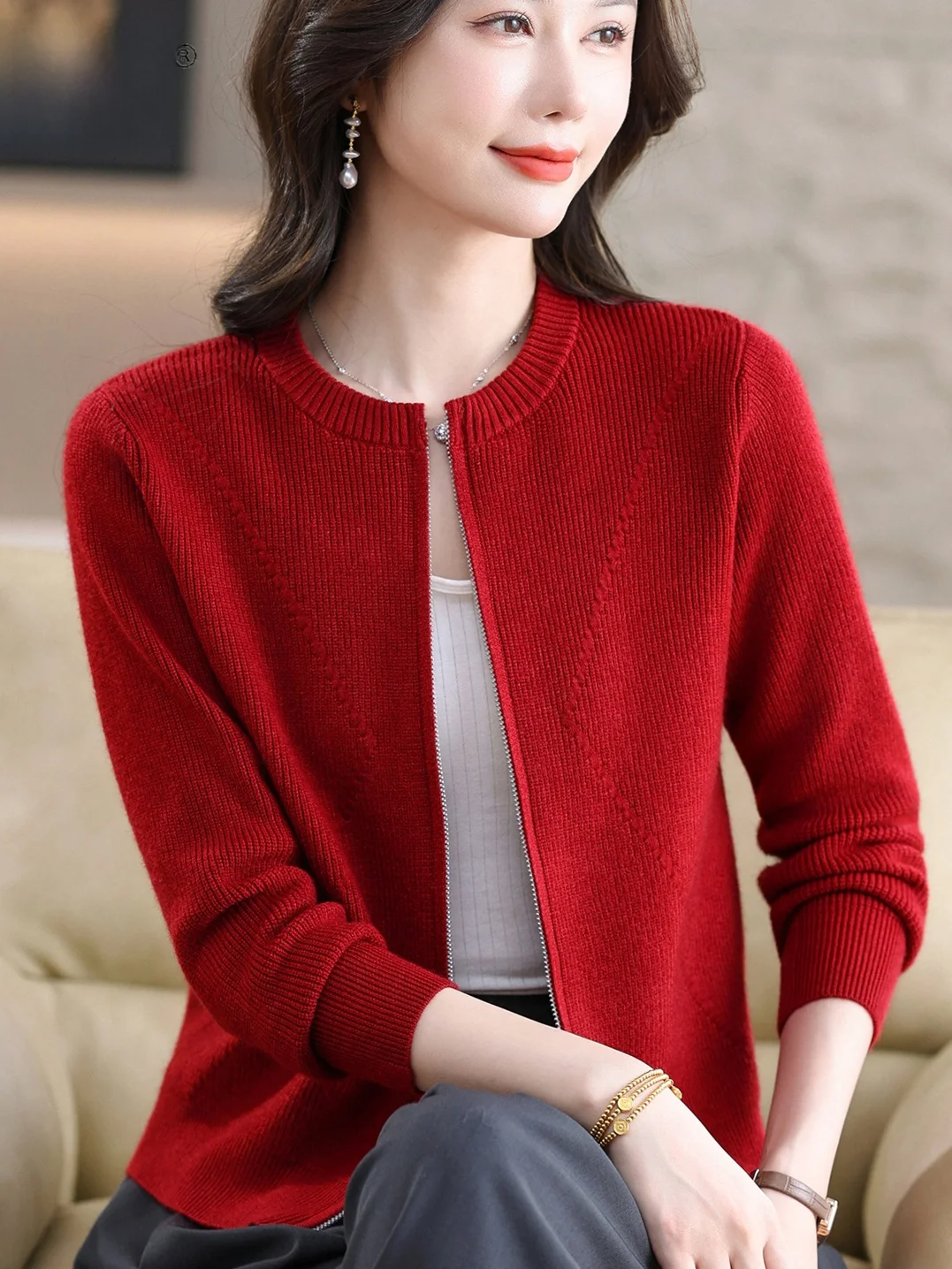 

Spring Autumn Knitted Zipper ort Coat Women's round Ne Warm Top for Middle-Aged And ly Faionable Versatile Size In...