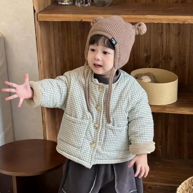 

Теплая куртка для мальчиков, хлопковая стеганая куртка для маленьких девочек, одежда для малышей, зима 2025, новое детское клетчатое пальто с длинными рукавами, бархатное толстое