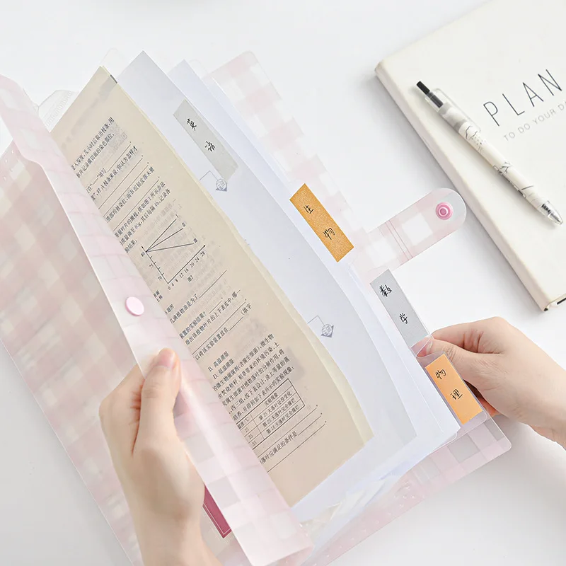 New Pp Pink Grids File Folders Multi-Layer Waterproof Button Document Organizer Cute 4pcs A4 Organ Bags Back To School