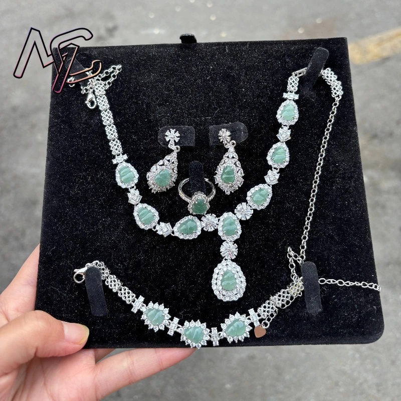 

A Set 925 Silver Inlay Burmese Jade Adjustable Gourd Pendant Ring Bracelet Emerald Rose Natural Green Women Jewelry Customized