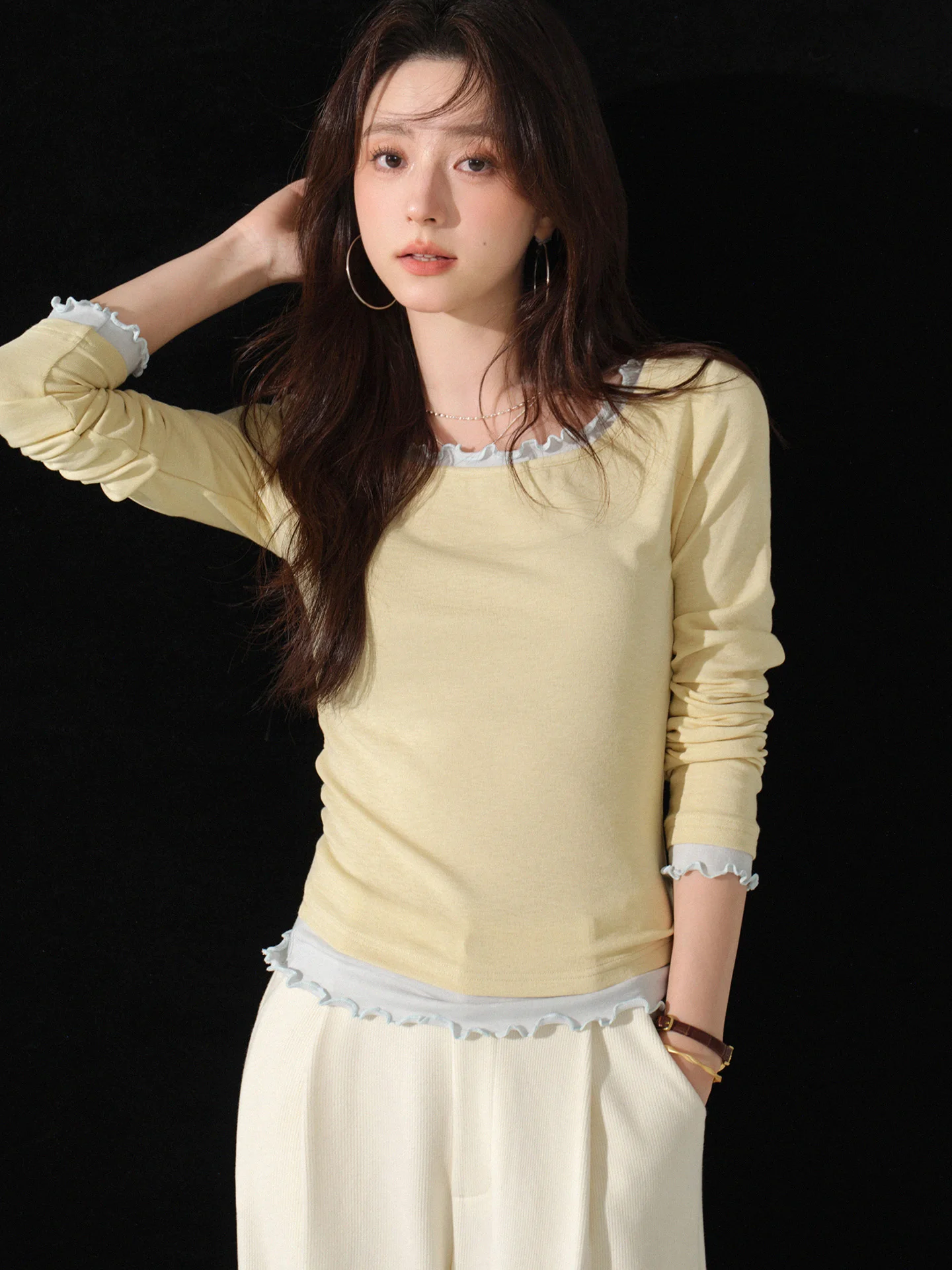 Elegante contraste guarnição em camadas manga longa camiseta feminina macio fino crewneck malha topo casual outono camada base blusa uso diário