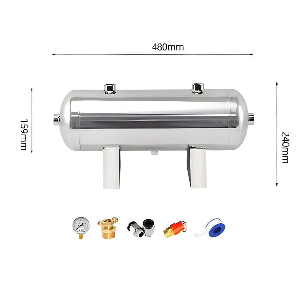 

Резервуар для хранения газа из нержавеющей стали с горизонтальным зеркалом объемом 10 л, буферный резервуар с воздушным приемником, 4 * G1/2 + 1 * G1/4 интерфейс с манометром