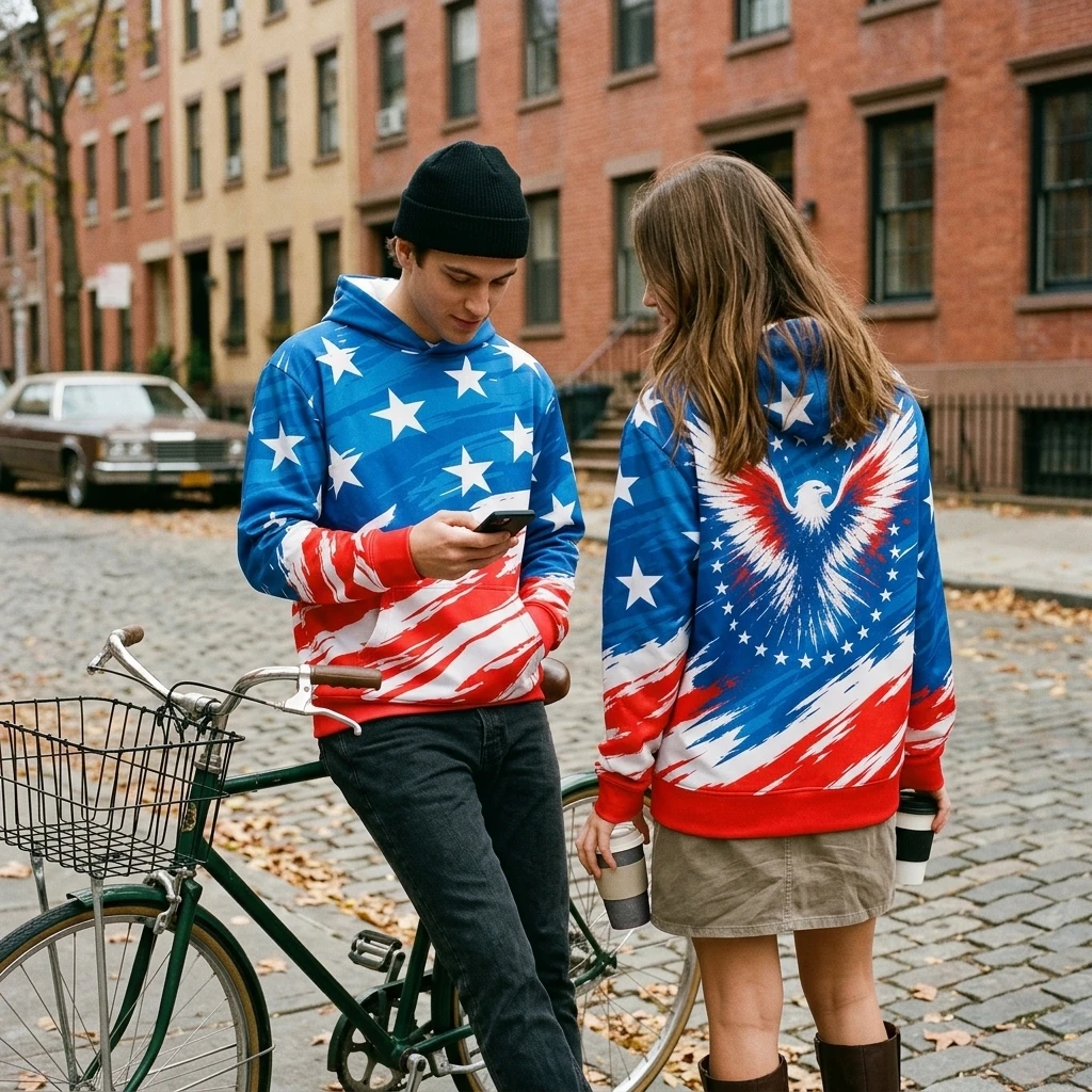 Patriotic US Flag Eagle Star Print Parent-Child Long Sleeve Hoodie Casual Independence Day 4th of July Sweatshirt Tops Streetwea