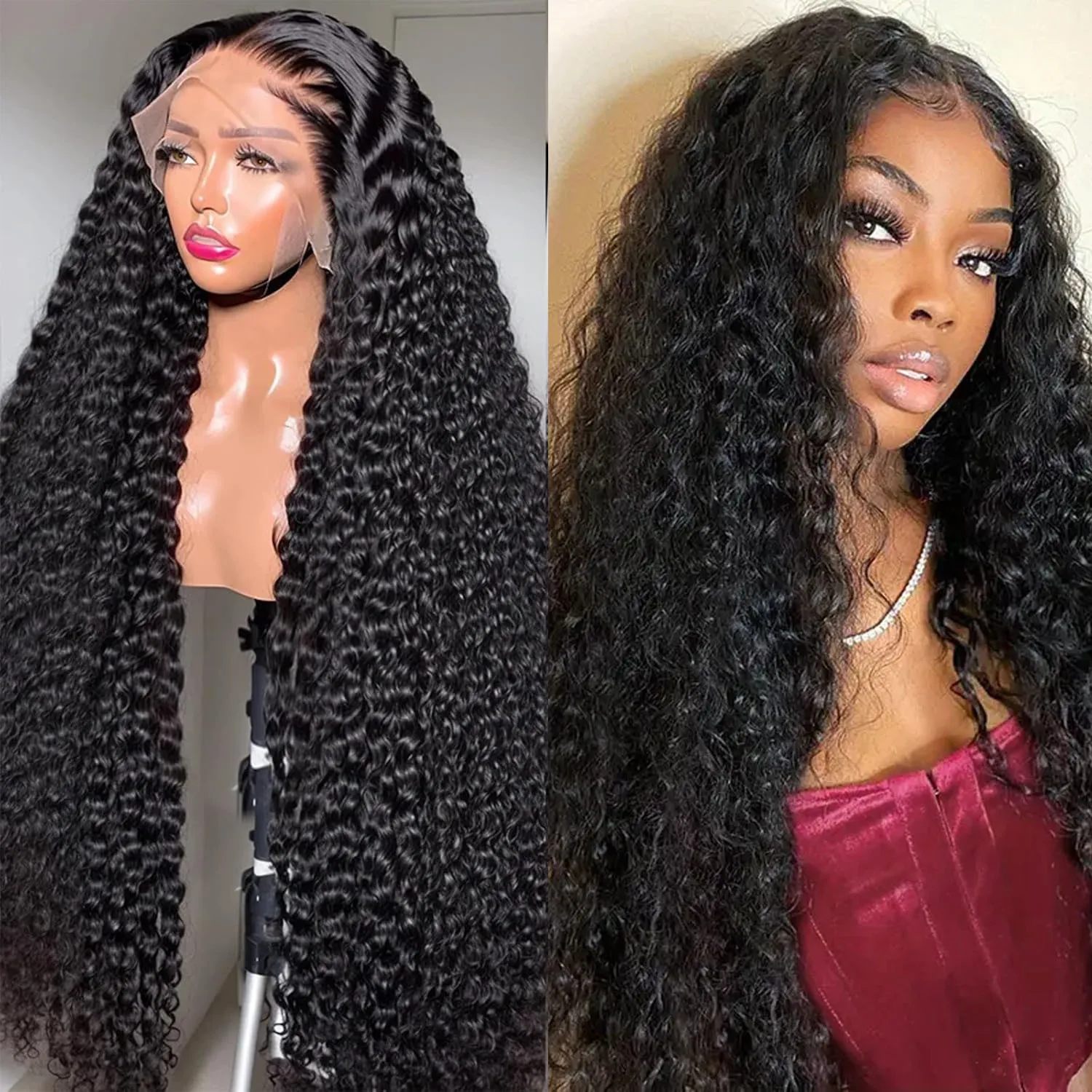 

Deep Wave Lace Front Wigs Human Hair 30 inch 200 Density 13X4 HD Deep Curly Lace Front Human Hair Wig for Women Nature Black