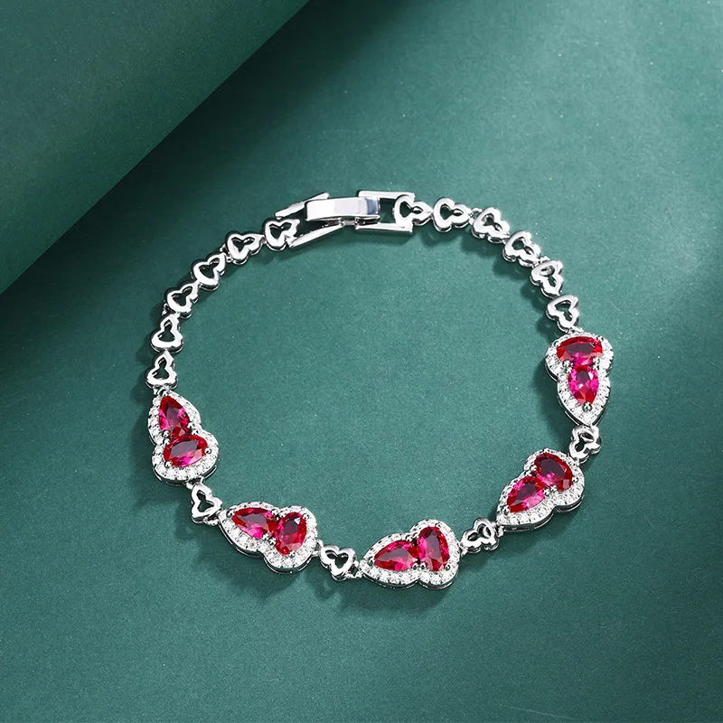 S925 Silver Needle European and American Style Blood Pomegranate Red Corundum Gourd Bracelet and Earring Set for Women