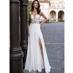 VENSANAC Boho Side Slit Lace Appliques A Line Wedding Dress Illusion V Neck Backless Sweep Train Bridal Gown