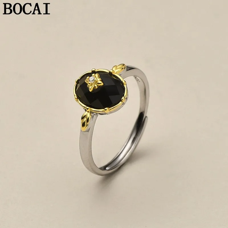 

Новое кольцо BOCAI из чистого серебра S925, модное и роскошное, с овальным черным агатом, с граненой поверхностью, регулируемое.