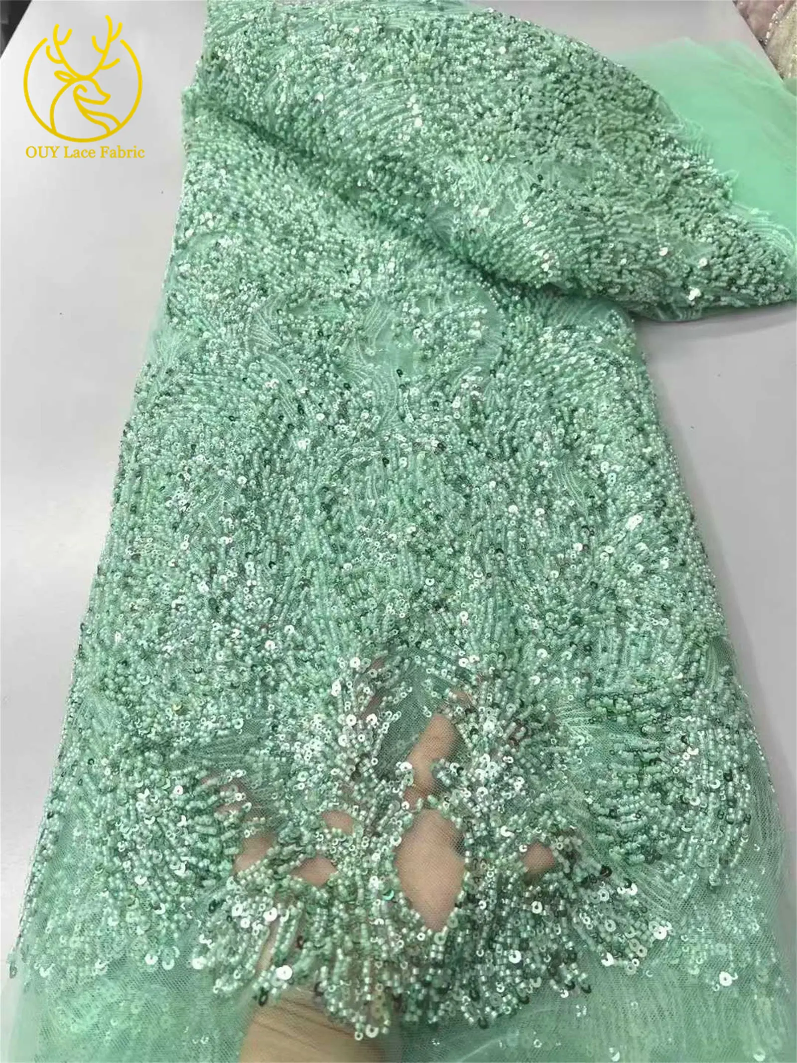 Grüner afrikanischer Bräutigam-Perlen-Spitzenstoff 2026, hochwertiger nigerianischer französischer Pailletten-Spitzenstoff für Braut, Hochzeit, Party, Kleider – Detail 15