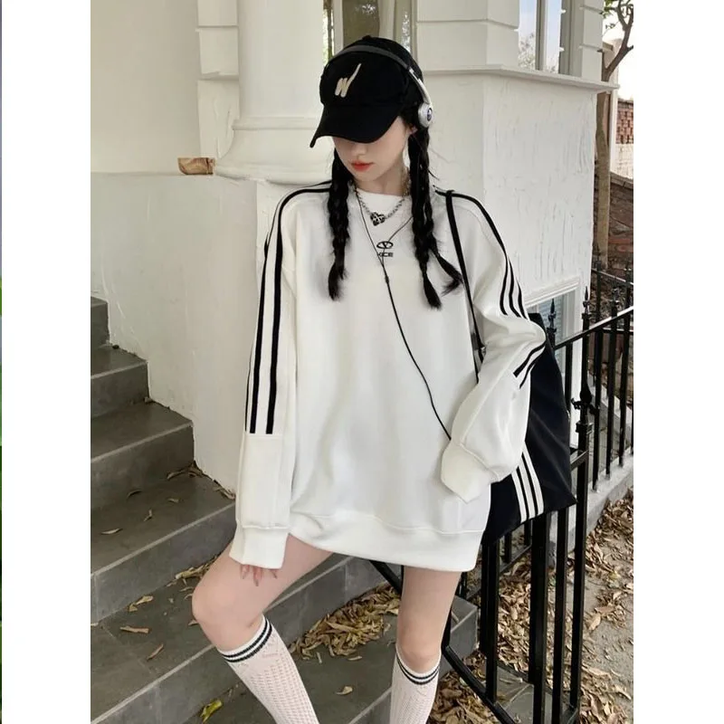 Spring Medium Length Women's Round Neck Long Sleeved Side Striped Hoodie Autumn Fashionable Commuting Loose Casual Versatile Top