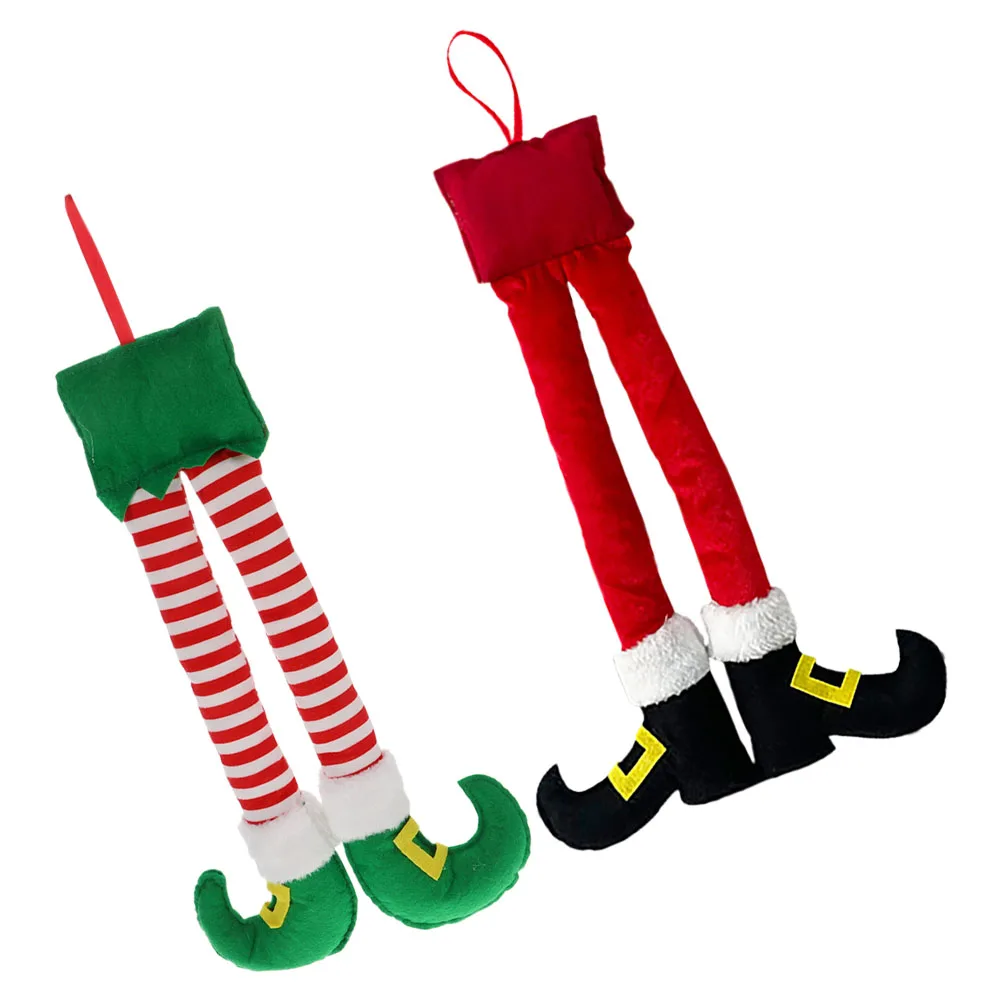 

2Pcs Christmas Red Striped Elf Santa Legs For Christmas Decoration Legs for Tree Car Fireplace Durable NonWoven Xmas Holiday
