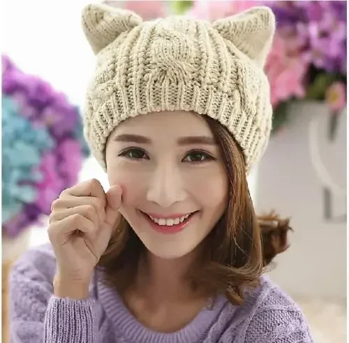 Chapéus de malha Kawaii Cat Ear para mulheres, monocromático, talões de crochê, anime Gorros, chapéu de inverno feminino, boné de lã kawaii