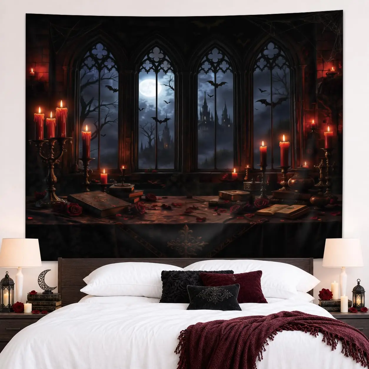 Tapestry Wall Aesthetic Tapestry Happy Halloween Horror Castle Window Gothic Spooky Moon Scary Bat Candle Witchy Wall