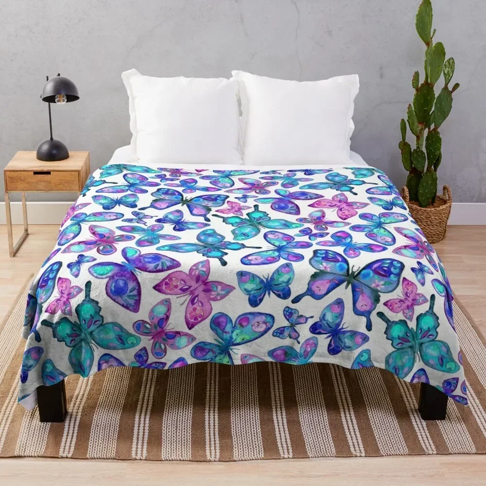 Watercolor Fruit Patterned Butterflies - aqua and sapphire Throw Blanket blankets and throws Bed Fashionable Stuffeds Blankets