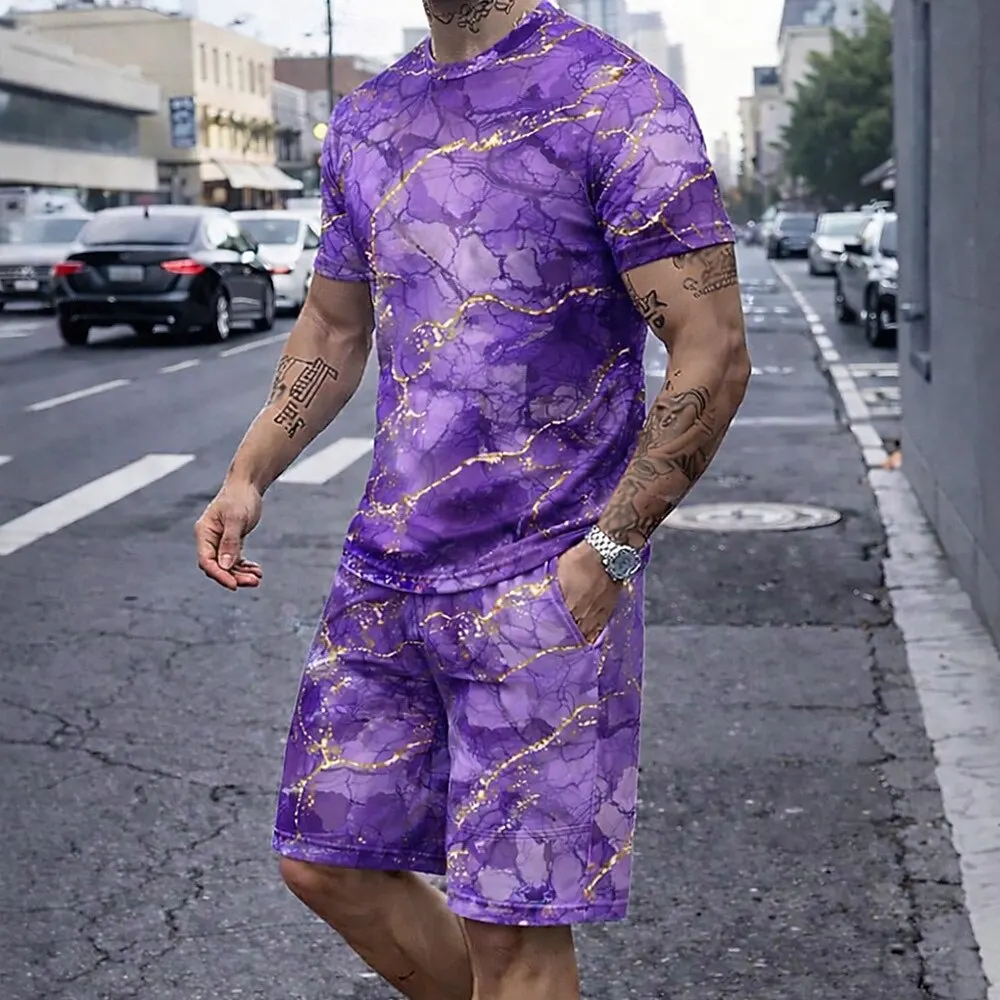 Ensemble tendance pour homme en deux pièces : T-shirt et short, avec impression à motif marbré et design imprimé en 3D