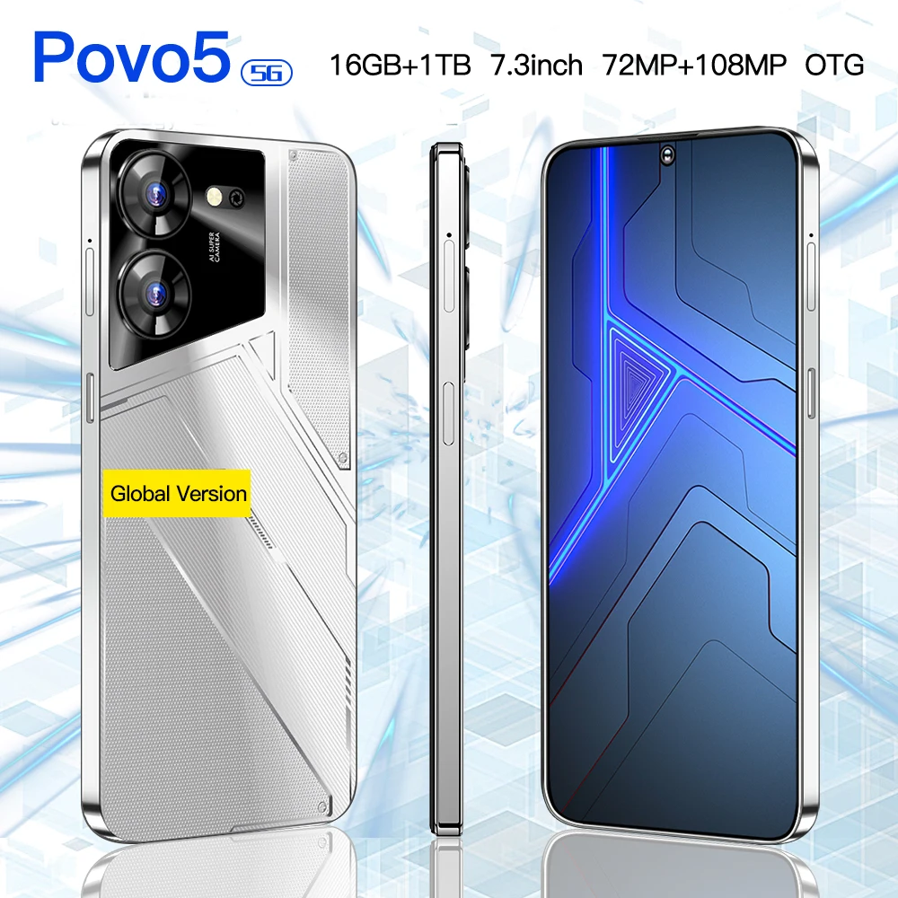 

Global Version Povo5 Smartphone 5G Android 7.3-inch 16GB RAM 1TB RAM Dual SIM 8800mAh 72+108MP Camera Original Mobile phones