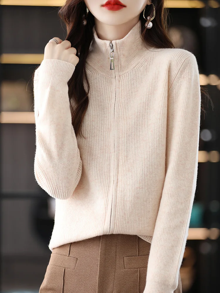 Women's Zipper Cardigan 100% Merino Wool Sweater Autumn Winter Thick Long Sleeve Casual Cashmere Knitwear Korean Fashion Coat