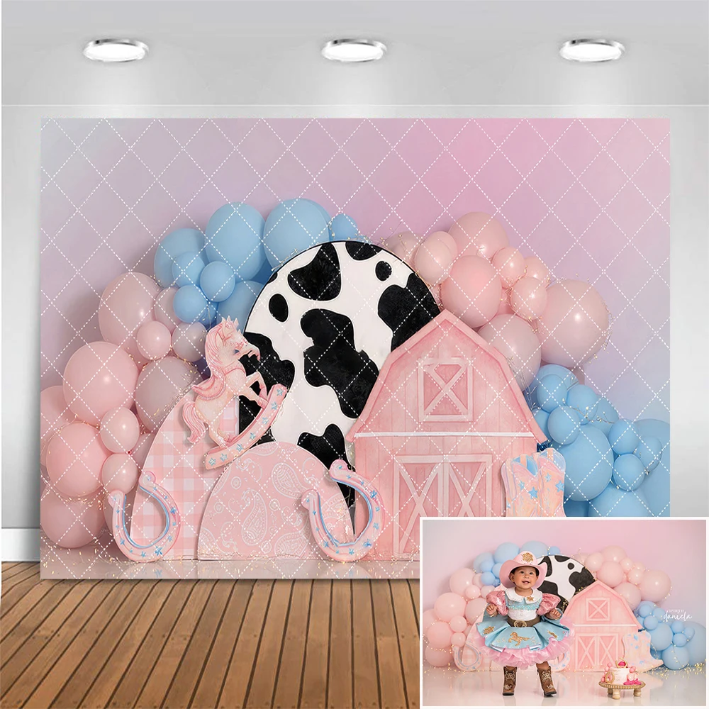 

Pink Farm Cowgirl Corral Backgrounds Blue Balloon Decoration Backdrop for Photography Kids Cake Smash Photo Banner Studio Props