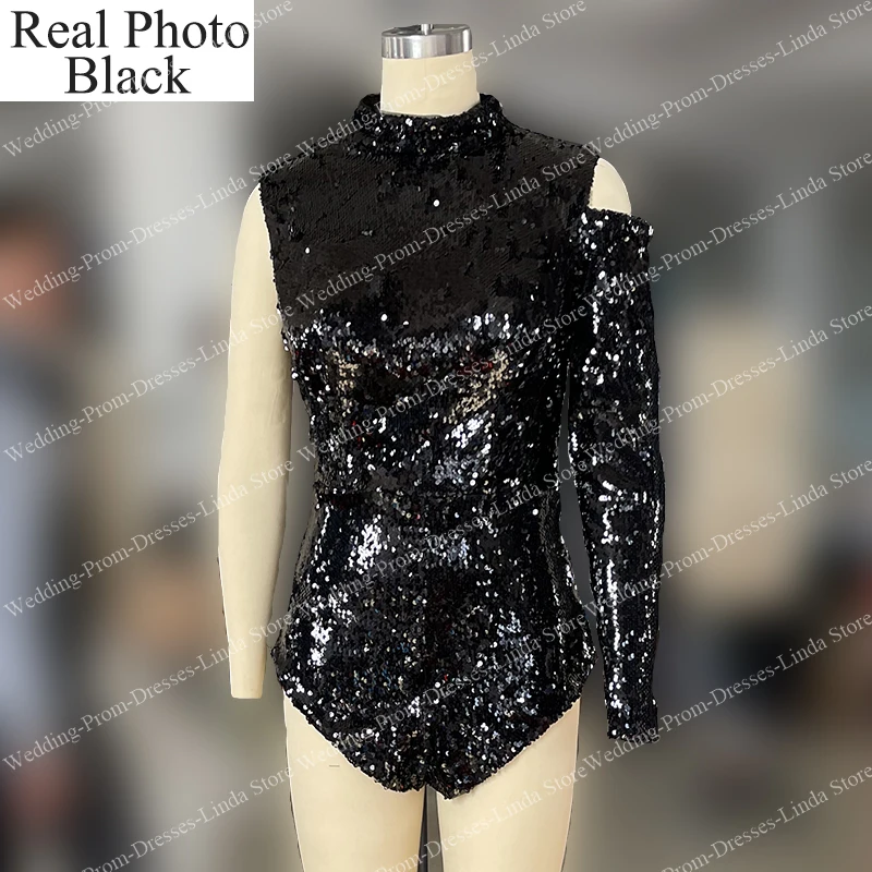 Sparkly Short Black Cocktail Dresses for Women Jumpsuit Sequins One-Shoulder Above Knee Prom Gala Vestidos De Graduación 2023