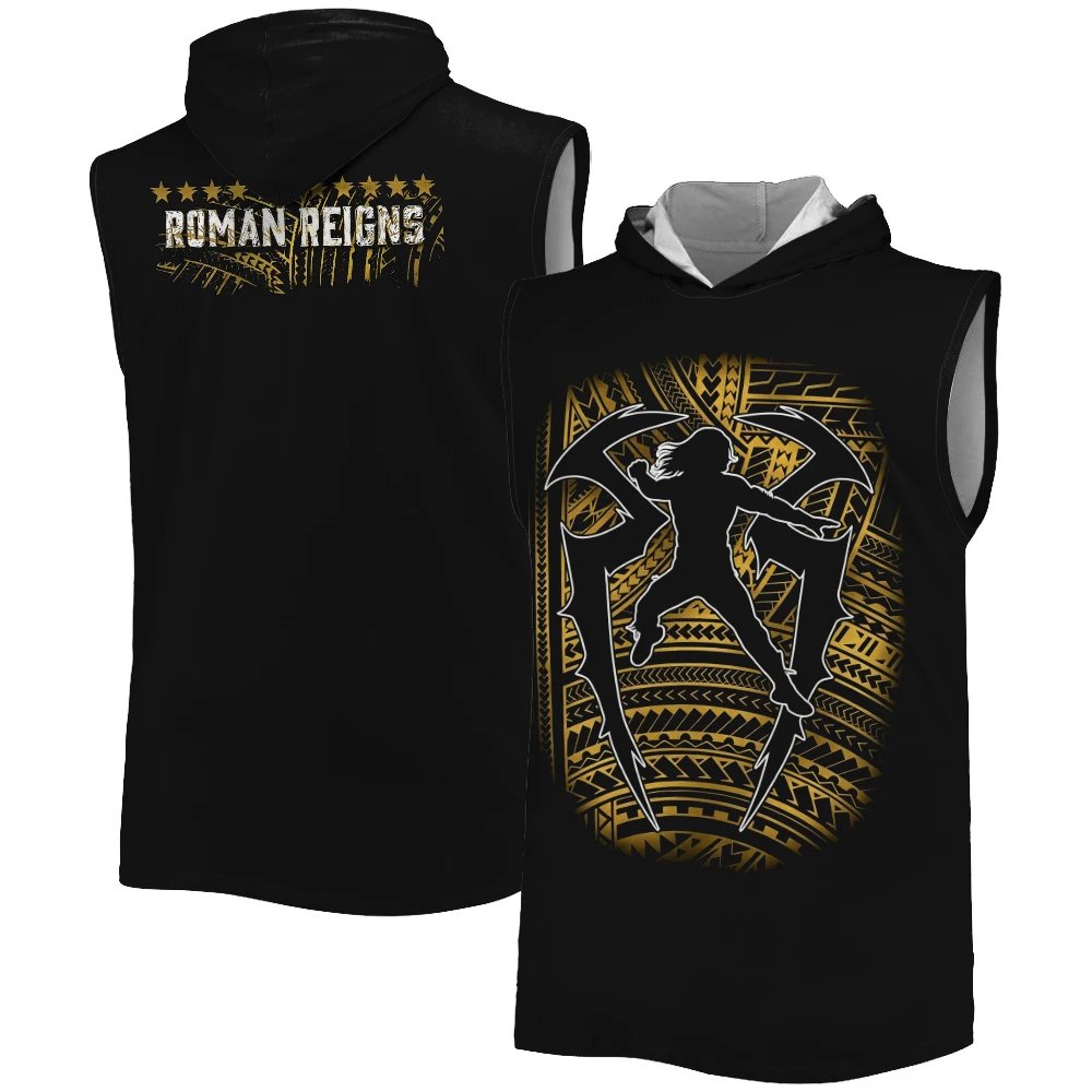 Men's Black Roman Reigns Tribal Logo Sleeveless Hoodie 3D Quick Dry Breathable Sports Gym Tank Top Street Casual Hooded Tank