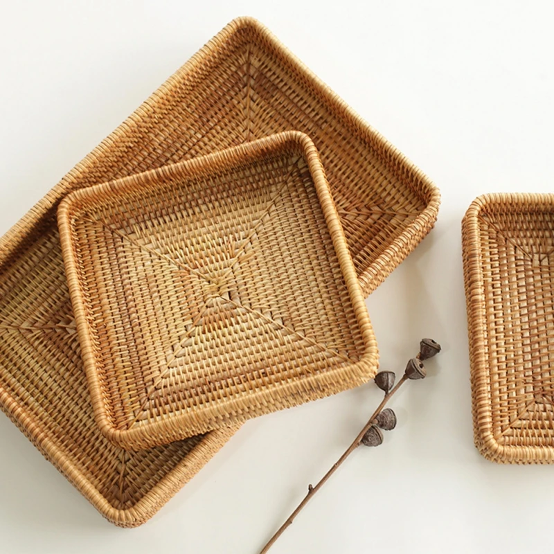 Handwoven Wicker Baskets Bamboo Rattan Serving Tray Breakfast Drinks Coffee Snack Fruit Storage Platter Trays Kitchen Organizer