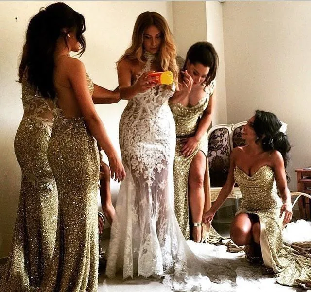 Sparkly Bling Gold Sequined Mermaid Bridesmaid Dresses for Wedding Backless Slit Plus Size Maid Of The Honor Gowns