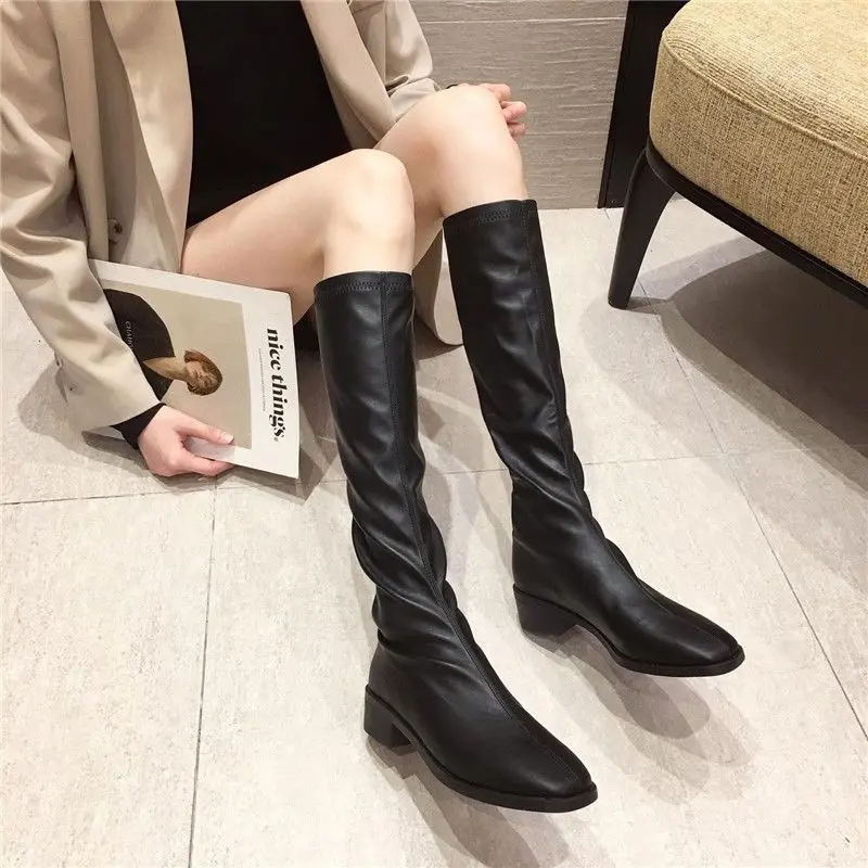 

Autumn Winter Fleece-Lined Leather Middle Heel Knee High Shaft Shoes Woman on Offer Comfortable and Elegant Long Boots for Women