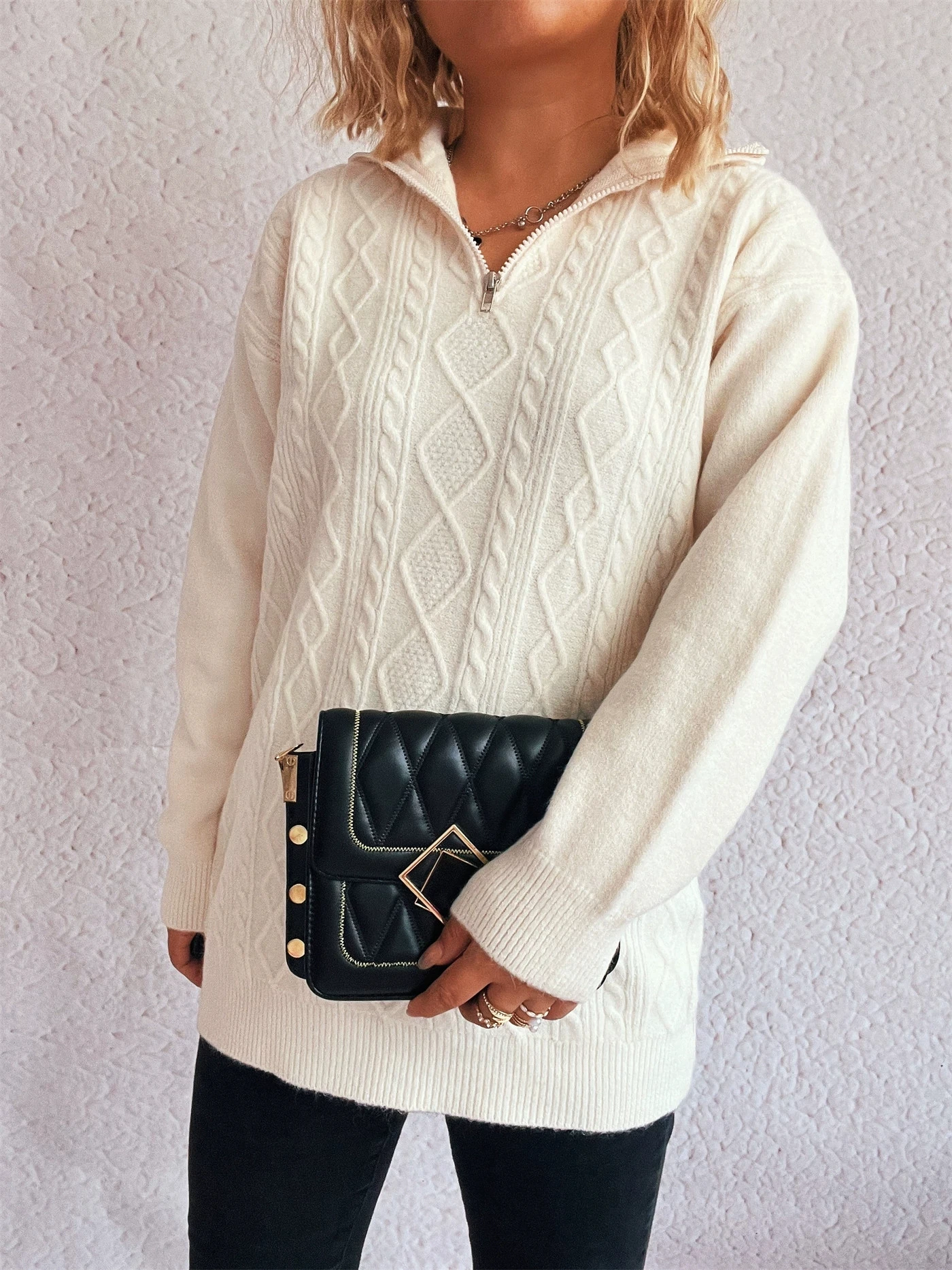 

Осенний однотонный повседневный свитер с элегантным и модным воротником, универсальный высококачественный вязаный пуловер на молнии.