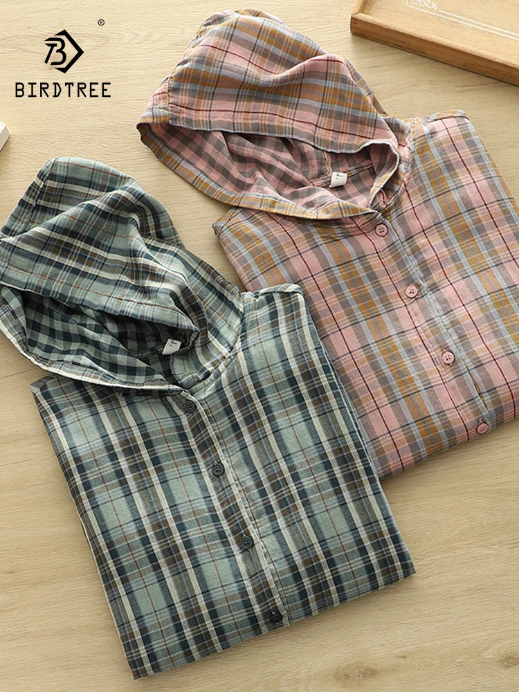 

New 2025 Autumn Cotton Yarn Hooded Shirt, Women Long Sleeve Plaid, Mori Girl Casual Versatile Sunscreen Loose Blouse T57381CC